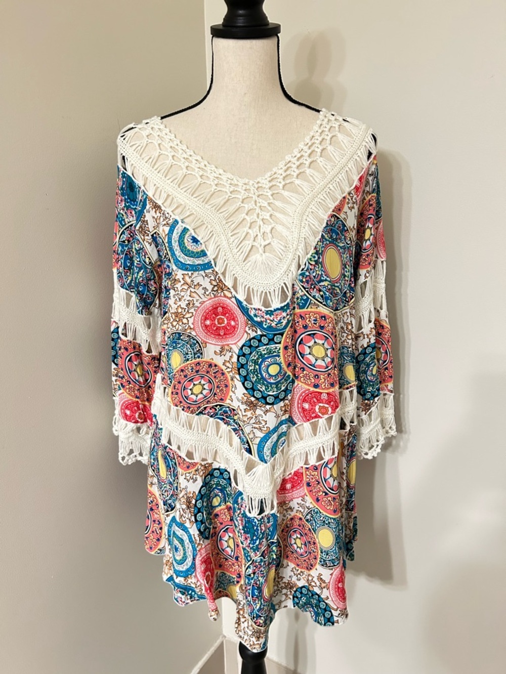 Boho Crochet Trim Tunic Cover-Up | Large | Lightweight Bell Sleeve Paisley Top
